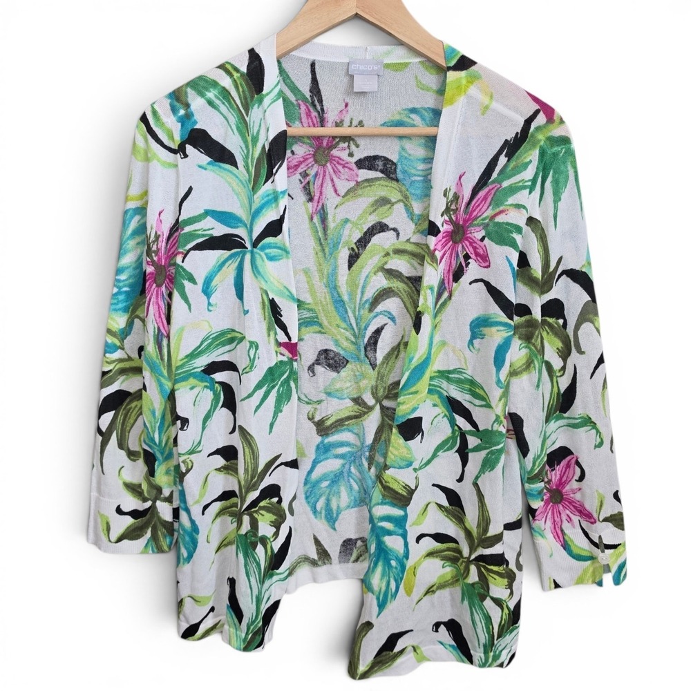 Chicos Cardigan Womens 1 US Medium Green White Floral Open Front Lightweight